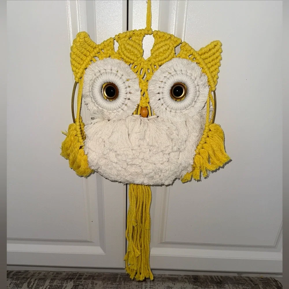 Handmade Macrame Owl Wall Hanging in Yellow and Cream
